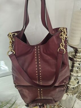 Michael Kors Uptown Astor Studded Burgundy  Leather Shoulder Hobo Purse